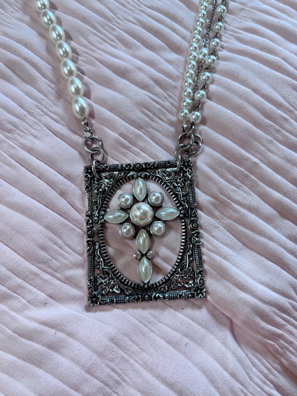 Plunder Silver-Tone Frame Pendant Necklace with White Pearl Cross
